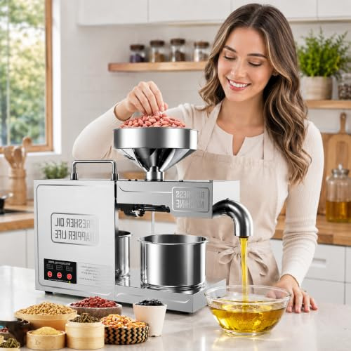 Automatisk oljepress 820 W för kall- och varmpressning | För jordnötter, sesam, solrosfrön, linfrön och raps, kapacitet 3–6 kg/h