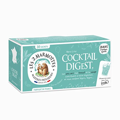 Les 2 Marmottes Infusion Cocktail Digest - Anis vert Fenouil Menthe - Bien-Être et Relaxation - Pour la digestion - Idéal en glacé - 30 Sachets par boîte - Made in France