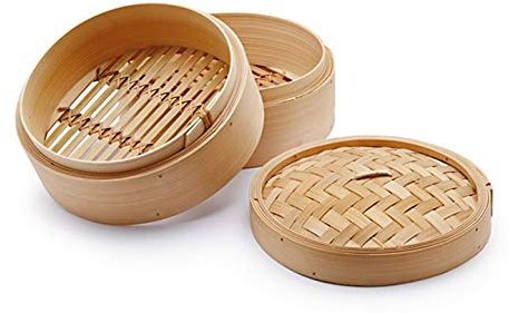 H&H, Cesta Vaporizadora de Bambú Ø 20 cm – 100% Natural | Cesta Oriental de Dos Niveles para Cocinar al Vapor