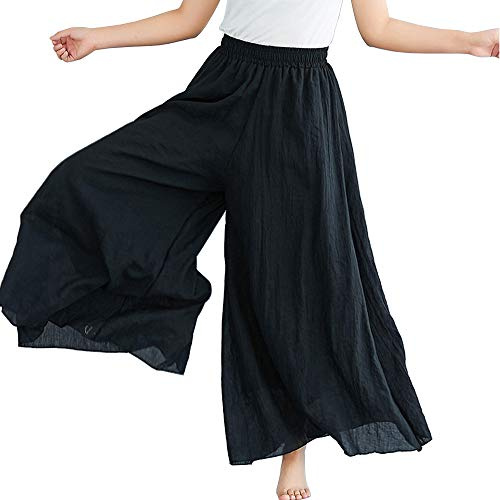 BININBOX Pantalon Large Femme Palazzo Jambes Large Elastiqué Taille Haute Décontracté Lin Coton Jupe-Culotte Longue (Noir, Longueur 95CM)