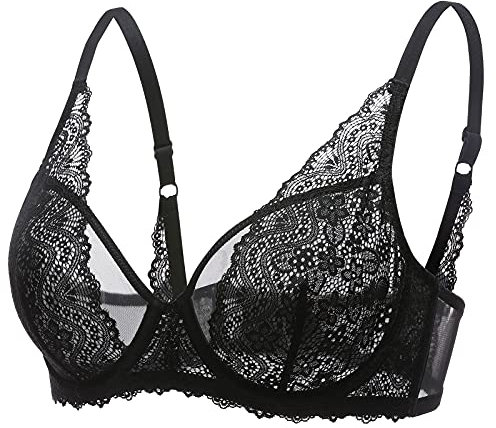 DOBREVA Women's Lace Full Coverage Bra Unlined Underwired Support Minimiser Plus Size V Neck Bralette Black 34F