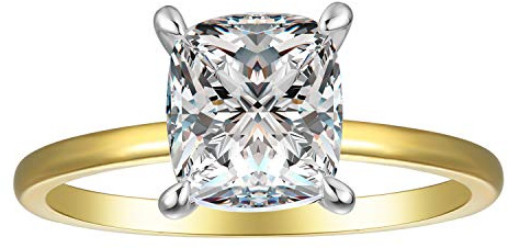 18K Gold Plated Sterling Silver Cushion Cut 2 Carat Cubic Zirconia Solitaire Engagement Ring | Women's Thin Band CZ Promise Ring