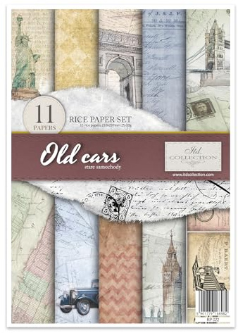 ITD Collection - Reispapier Kreativset A4 Decoupage Rice Paper Sheet 29,7 x 21 cm Serviettentechnik Mehrfarben (Old Cars, RP022)