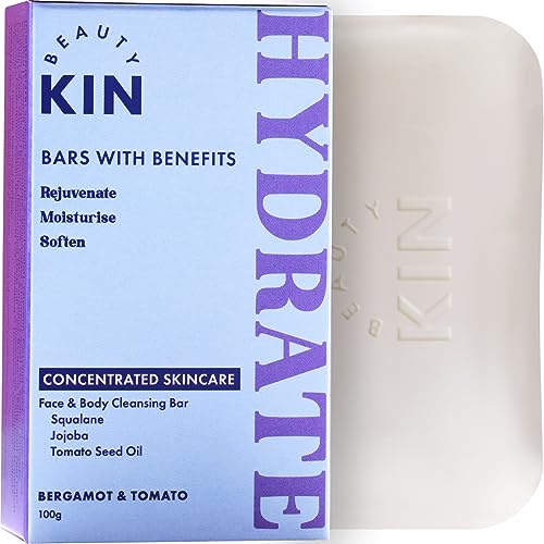 Beauty Kin Hydrating Face & Body Wash Cleansing Bar for Dry Tight or Mature Skin w/Squalane & Jojoba Oil to Moisturise - Restore Suppleness - Improve Elasticity - Paraben Free Vegan Soap Bar
