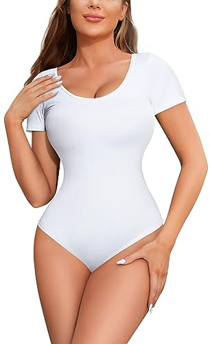 Gotoly Body Gainant Femme Col Rond Top Manche Courte Bodysuit Élasticité Haut Sculptant Jumpsuit Amincissant Shapewear (Blanc, M)