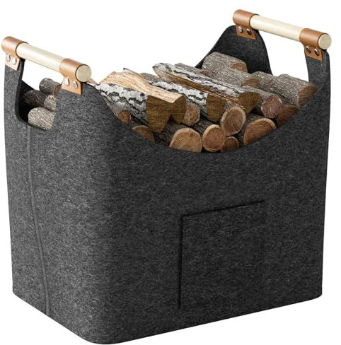 Holzkorb für Kaminholz, XXL Brennholzkorb Filzkorb extra dicker Filz, Kaminholzkorb mit verstärktem Holzgriff, Faltbarer Holzkorb Filztasche für Einkauf, Holz, Zeitung oder Brennholz