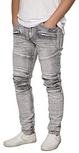 URBANJ Men's Stretch Distressed Jeans/Denim Biker Pants (28, D1083 Grey)