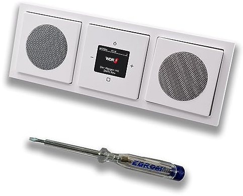 Busch Jäger DAB+ (DAB PLUS) Unterputz Radio 8215U-101 Future Linear Studioweiß, Set mit 2 x Lautsprecher, Abdeckungen, Rahmen + EBROM Phasenprüfer zur Montage d. Geräte - 8215 U – 101