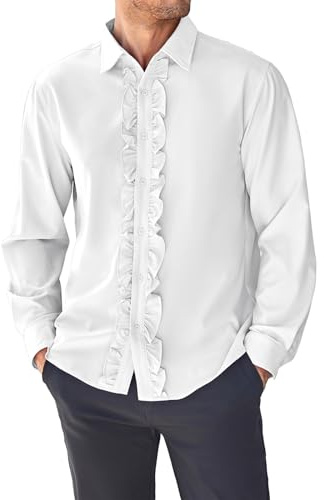 Bbalizko Camisas de esmoquin para hombre, ajustadas, góticas, victorianas, con volantes, con botones, manga larga, camisas de esmoquin para hombre, Blanco, Large