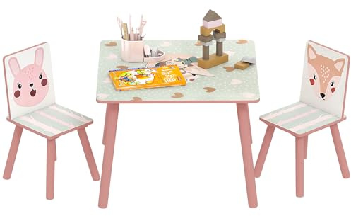 ZONEKIZ Set 3 Pezzi con Tavolo e 2 Sedie per Bambini da 3-8 Anni in MDF e Legno di Pino, Tavolino per Bambini e Seggiole con Disegni di Animali, Rosa