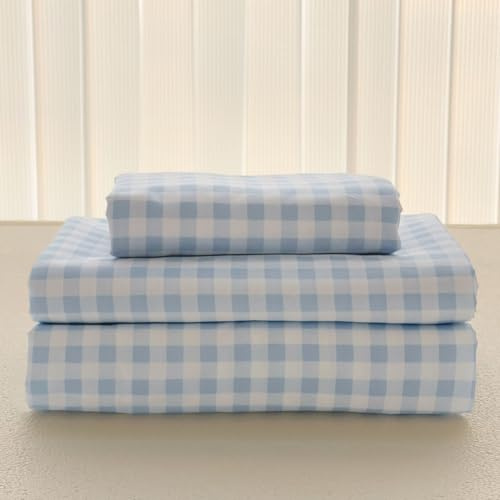 NSNLGSGC Light Blue Gingham King Sheet Set, Soft Brushed Microfiber Baby Blue Plaid King Bed Sheets, 4-Pieces Grid Sheet Set with Deep Pocket