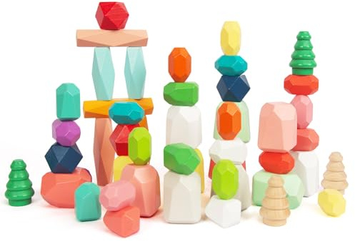 WOODENFUN Montessori Holz Spielzeug 48pcs Bunte Stapelsteine für Kinder Balance Steine Spiel Blöcke Geeignet für Erwachsene und Kinder 3 Jahr+