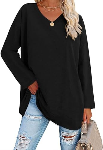 Ebifin oversize långärmad tröja damer lång tröja v-ringad topp långärmad t-tröjor tröja basic tunika tetoppar.