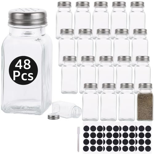 ZOFUN 48 Pcs 100 ml / 3.5 oz Salt and Pepper Shakers, Glass Salt Shaker with Lids Perforated, Reusable Salt Cellar with Labels & Pens, BPA-Free & Detachable Salt and Pepper Pots for Kitchen Café