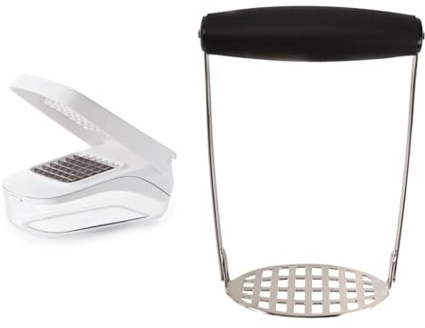 OXO Good Grips Vegetable Chopper with Easy-Pour Opening, White, 10.7 x 26.2 x 16.5 cm & Good Grips Smooth Potato Masher, Transparent/Black, L