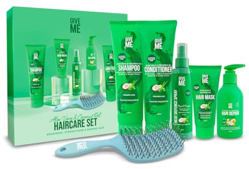 Give Me Cosmetics, Shampoo and Conditioner Sets, with Hair Mask, Heat Defence Spray, Repair Cream, Vent Brush, Sulphate, Silicone & Paraben Free, Aloe Vera & Coconut Oil, Haircare Gift Set for Women