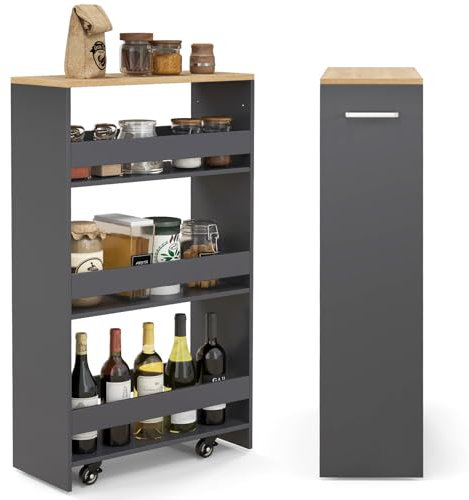 COSTWAY Nischenwagen 20cm breit, 4 Etagen Küchenwagen schmal, Nischenregal auf Rollen, Servierwagen mit Griff & Geländern, Badregal Holz, für Küche, Badezimmer, 47,5 x 20 x 80,5 cm (Grau)