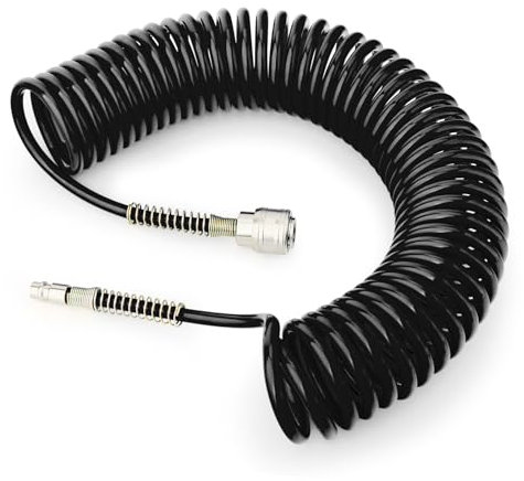 GASHER 1/4 x 10m Polyurethane Recoil Air Hose 8mm OD with Bend Restrictor, 1/4 Europe Quick Coupler and Plug, for Air Compressor, Black