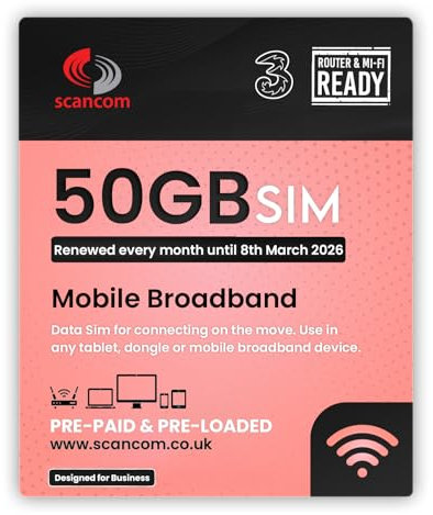 Three 50GB Data SIM - Uncapped 5G - Preloaded MONTHLY Until March 2026 - Plug & Play for Routers & Phones - Access to Three & Vodafone - Connects to the Strongest Signal available