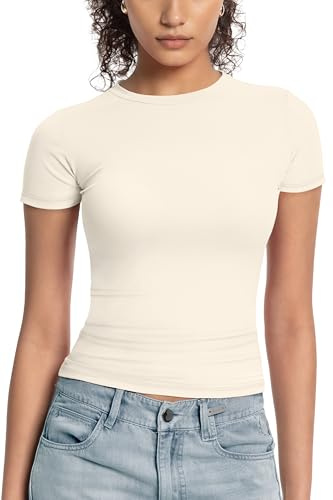 Womens Basic Casual Short Sleeve T-Shirts - Y2k Scoop Neck Summer Crop Tops Slim Fit Tees