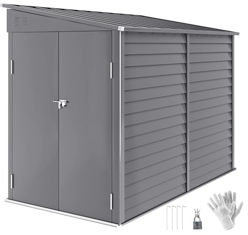 Outsunny 5 x 9ft Galvanised Metal Garden Shed with Foundation Kit, Outdoor Lean-to Shed, Tool Storage House with Lockable Doors, Gloves and 2 Air Vents for Patio, Garden, Grey