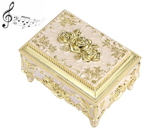 ELLDOO Vintage Music Box, Beige Metal Musical Jewelry Box Keepsake Box, Small Trinket Jewelry Storage Box Gift for Girl Women (Tune: You are My Sunshine), Gold Rose Pattern