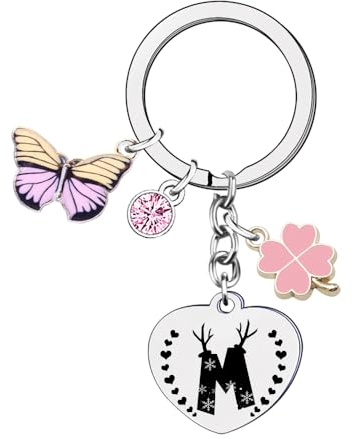 FGHJK Porte clef Lettre Initiale Prénom Pour Femme Argent Lettres A-Z Pendentif Bracelets Sœurs Amitié Collègue Fille Mamie Femme Idée Cadeau Original Cadeaux Anniversaire Noel Porte-clé (M)