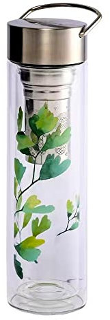Eigenart FLOWTEA Ginkgo doppelwandige Trinkflasche aus Borosilikatglas mit Edelstahldeckel, Neoprenhülle und Sieb, BPA frei, 400ml, 50022