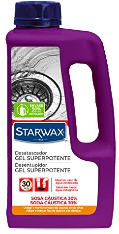 STARWAX - Desatascador Gel Superpotente - Ideal para agua estancada - Actúa en 30 minutos - Fórmula gelificada concentrada con 30% de sosa cáustica - 1L (= 2 Desatascos)