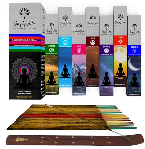 Bastoncini di incenso Premium Simply Vedic a 5 elementi con bruciatore | Agarbatti per meditazione, yoga, reiki, guarigione, aromaterapia, (7 varianti x 20 bastoncini: 60 minuti ciascuno)