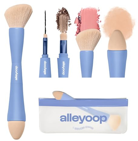 Makeup Brush Set Alleyoop Multi-Tasker 4-in-1 Travel Make Up Brush Set + Blending Sponge Refill Pack – Compact Makeup Brushes for Foundation, Blush, Bronzer, Contour, Eyeshadow, Brows & Liner