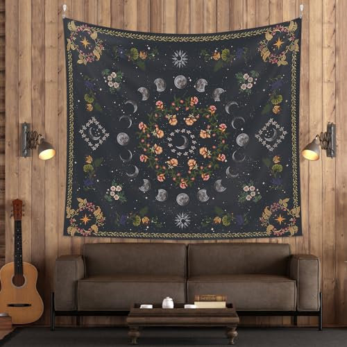 KLYNGTSK Botanical Moon Phase Tapestry Bohemian Tapestry Wall Hanging Nature Tapestry Plant Aesthetic Tapestry Floral Plants Tapestries Bedroom Floral Tapestries Decor for Living Room Cafe(130X150cm)