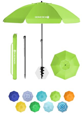 HOMEDEMO Parasol Plage Inclinable avec Revêtement Argenté, Protection Solaire UV50+, avec Pied d'Ancrage à Visser & Housse de Protection, pour Terrasse, Piscine, Marché, 200cm, Vert Pomme