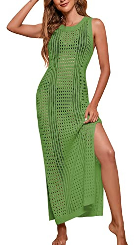 Dam strandklänning sexig ärmlös virkad klänning strand lång sommar semesterklänning virkning baddräkt cover up hollow Out strandklänning delad cover ups sidoslits strandsemester bikini badmode