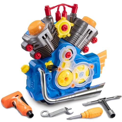POFJOEQ Engine Building Kit, Kids Mechanic Repair Set for Kids Motorcycle Engine，Take Apart Toys-42pc Playset，STEM Engine Model Kit Toy with Cool Lights&Sounds，Educational Toys for 3+ Year Old (Blue)