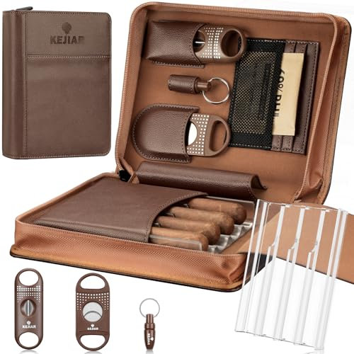 KEJIAR Zigarren-Humidor-Etui, tragbare Zigarren-Box mit Zigarren-V-Cutter, gerader Zigarrenschneider, Zigarrenpunsch, Zigarren-Luftbefeuchter-Packs, Reise-Humidor und Zigarrenzubehör, Geschenkset