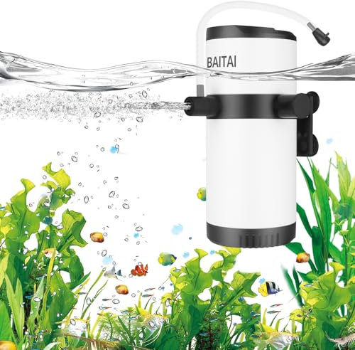 BAITAI Interner Aquarienfilter, Einstellbare 600L/H Aquarium Filterpumpe mit Doppelauslass für 15-100L Aquarien, Geeignet für Süß und Salzwasser,Perfekter Filter für Ihr Aquarium