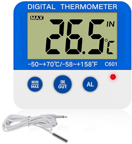 Digital Freezer/Fridge Thermometer with Magnetic Mount and Stander Digital Thermometer with Dual LED Alarm Indicator, Max/Min Memory, Accurate Celsius/Fahrenheit Temperature Display
