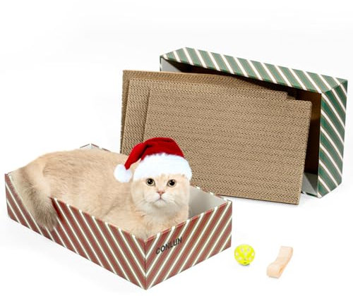Conlun Cat Scratcher Box with 4 Cat Scratching Board&2 Separate Cardboard Boxes&1 Toy Ball, 2-in-1 Scratch Box for Multiple Kitten Rest Interactive Play, Holidays Kitty Toys Gifts