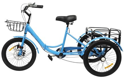 banborba Tricycle pliable de 20 pouces pour adultes, 7 vitesses, hauteur réglable, tricycle pliable, 3 roues, vélo de croisière, vélo pour seniors, avec panier à provisions et serrure, bleu