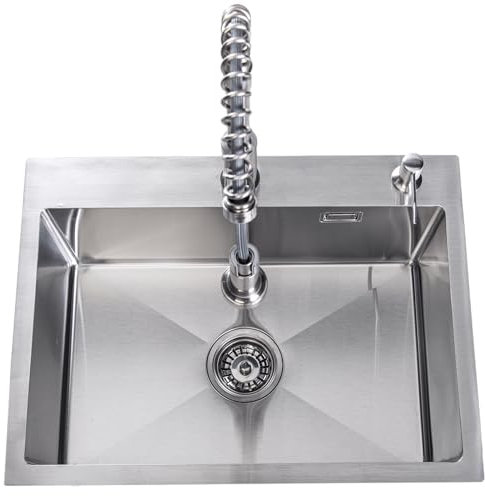 Lendo Online Evier Cuisine 1 Bac avec Robinet de Cuisine - Douchette Pivotant à 360° - Evier Inox avec kit de vidange complet - Bouchon d'eau et Siphon (Argent, 59x44x20cm)
