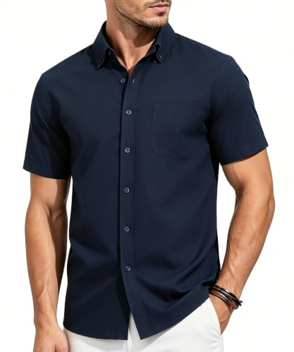 Casey Kevin Camisa Hombre Manga Corta - 100% Algodón - Cuello Abotonado | Camisa Hombre - 1 Bolsillo en el Pecho - Adecuado para el ocio, las vacaciones, la playa y los negocios