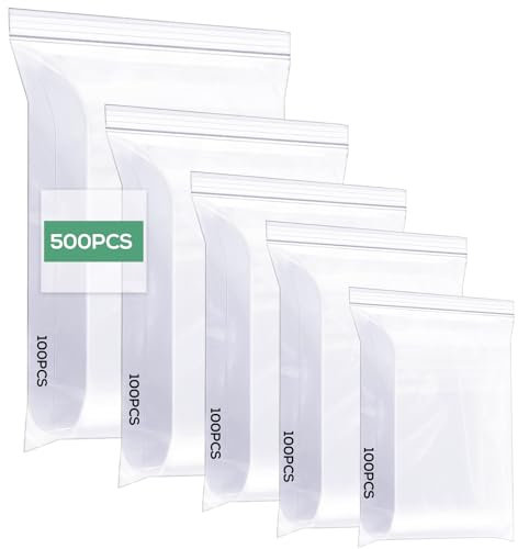 Cozary Sacchetti di Plastica Trasparenti 500 Pezzi, 5 Misure Sacchetti Alimenti Richiudibili, Buste Plastica Zip, Ziplock Bags Chiusura con Cerniera per Gioielli, Componenti Elettronici