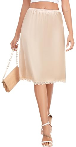 Vlazom Sottogonna da Donna Lungo in Satin Lucido con Pizzo Sottoveste Elegante per Abiti Trasparenti，Beige，M