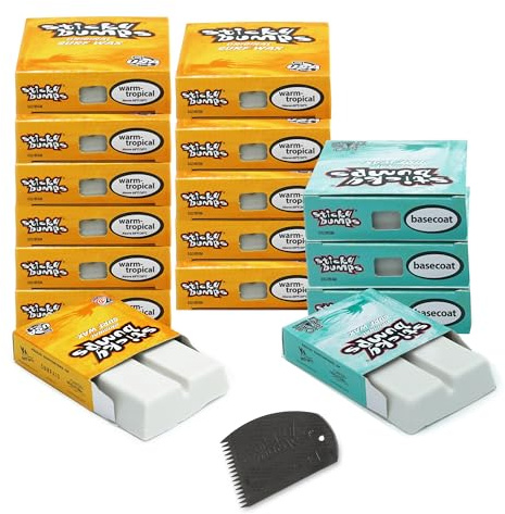 Sticky Bumps Original Surf Wax Bundle | 85 g – 12 Stück warm/tropisch (20.6 °C/20°C) + 4er-Pack Basislack (alle Temperaturen) + Surfwachskamm | langanhaltend, biologisch degarbale | Großartiger Bump