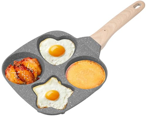 JEJUWE Maifan Stone 4 Hole Pancake Egg Pan for Breakfast Nonstick Breakfast Pan Omelette Maker with Detachable Wood Handle for Kitchen Cooking(Black)