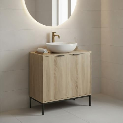 INDE MOBLEKIT | Mueble Bajo Lavabo 60×30×60 cm, Armario de Madera y Metal con Doble Puerta y Acabado Mate, Mueble Auxiliar para Baño con Espacio de Almacenaje para Artículos de Higiene