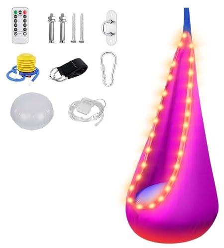 Grotta Sospesa, ADDLIVE Poltrona Sospesa Portatile, Sedia a Dondolo con Striscia Luminosa a LED e Cuscino Gonfiabile, Poltrona Dondolo Max. 80 kg, Rosa