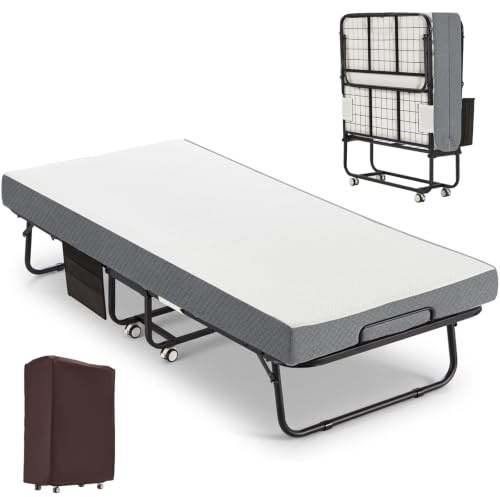 Folding Bed with Mattress, 190x100cm Portable Fold Up Bed with Storage Bag | 13cm Thick Luxurious Memory Foam Mattress, Space Saving with Wheels and Dust Bag for Bedroom and Office, Load Capacity 200kg