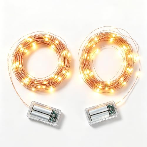 T Outdoors Fairy Lights Battery Operated, 2 Pack 3M 30 LED Copper Wire String Lights, Manual Switch Twinkle Lights for Bedroom Indoor Party Wedding Christmas Hiking Camping Decorations, Warm White